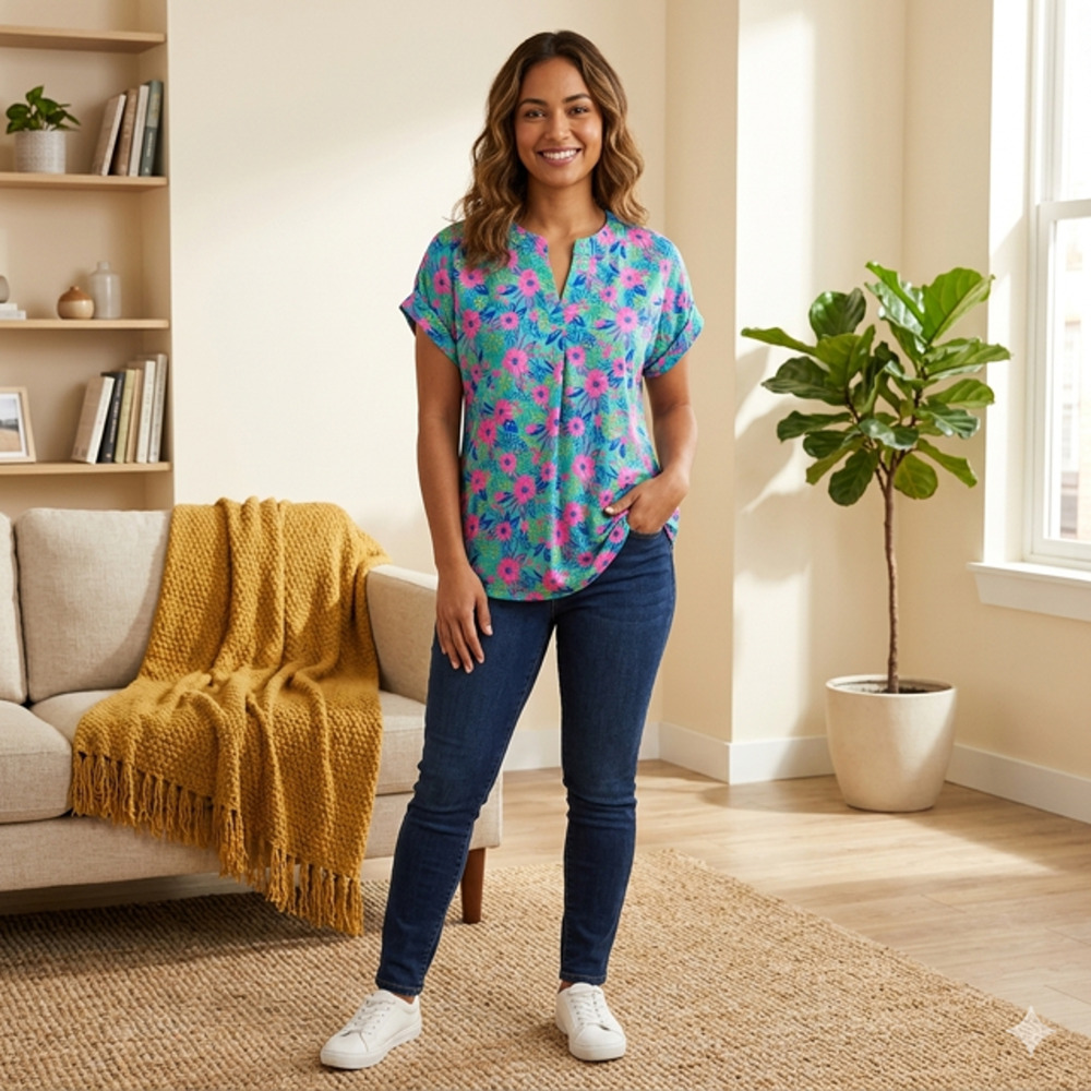 Dear Scarlett - Green Floral Lizzy Short Sleeve Tab Blouse - Large - Picture 2 of 6